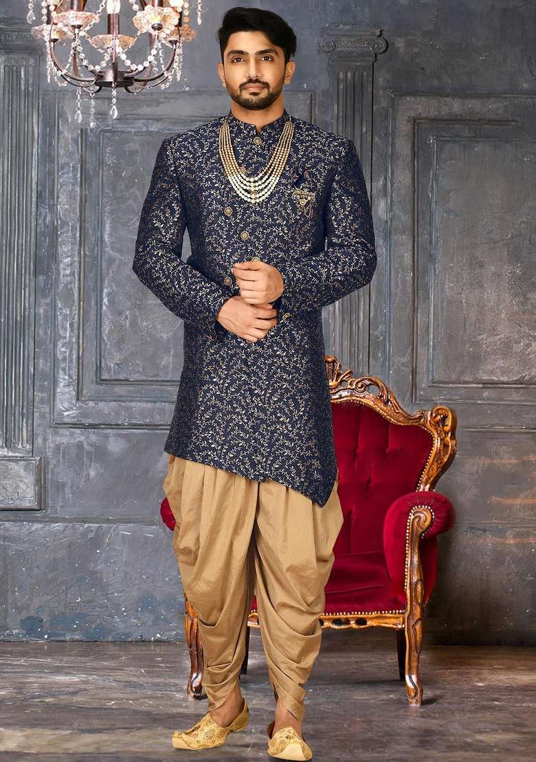 Navy Blue Embroidered Jacquard Indo Western Sherwani Set For Men - Indya