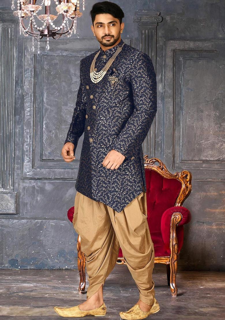 Navy Blue Embroidered Jacquard Indo Western Sherwani Set For Men