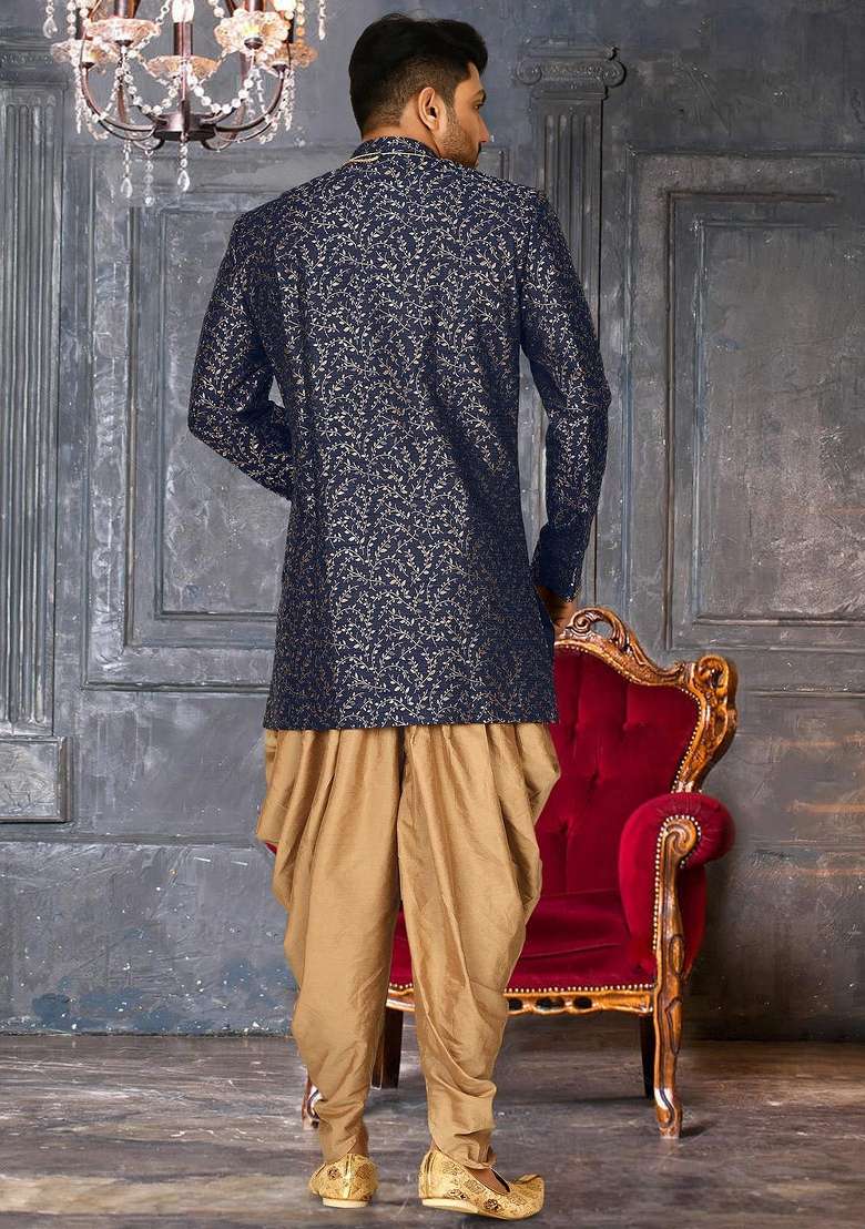 Navy Blue Embroidered Jacquard Indo Western Sherwani Set For Men - Indya