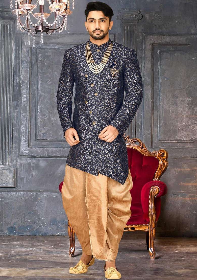 Navy Blue Embroidered Jacquard Indo Western Sherwani Set For Men - Indya