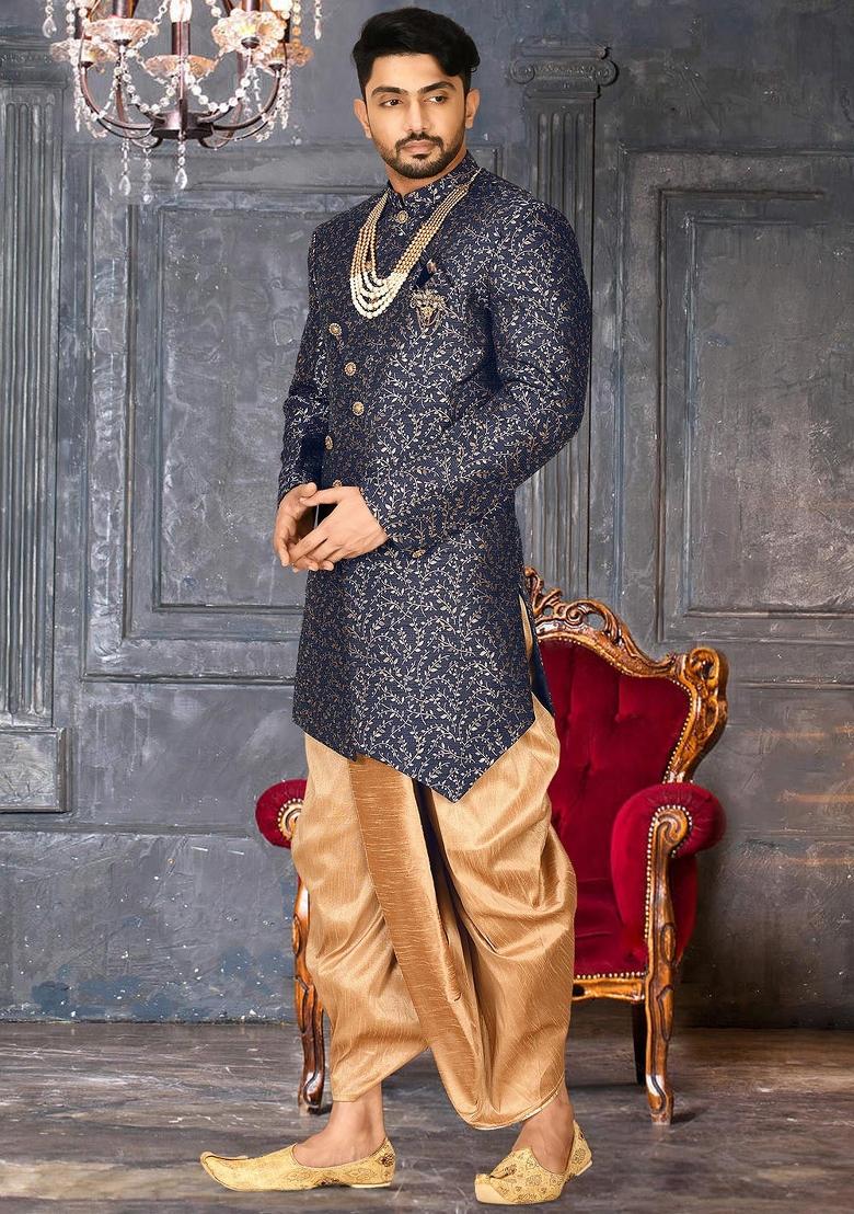 Navy Blue Embroidered Jacquard Indo Western Sherwani Set For Men