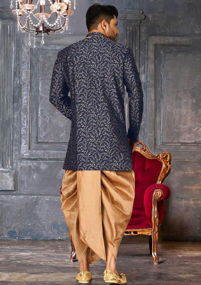 Navy Blue Embroidered Jacquard Indo Western Sherwani Set For Men - Indya