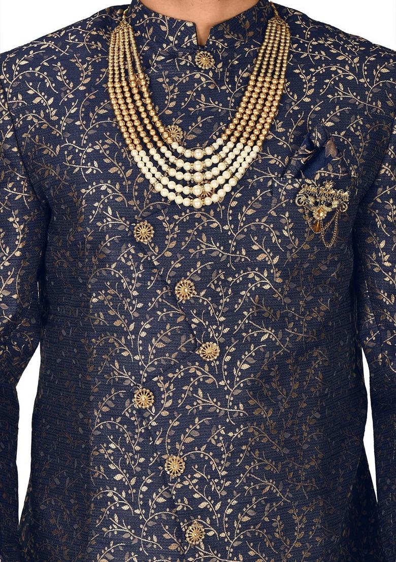 Navy Blue Embroidered Jacquard Indo Western Sherwani Set For Men