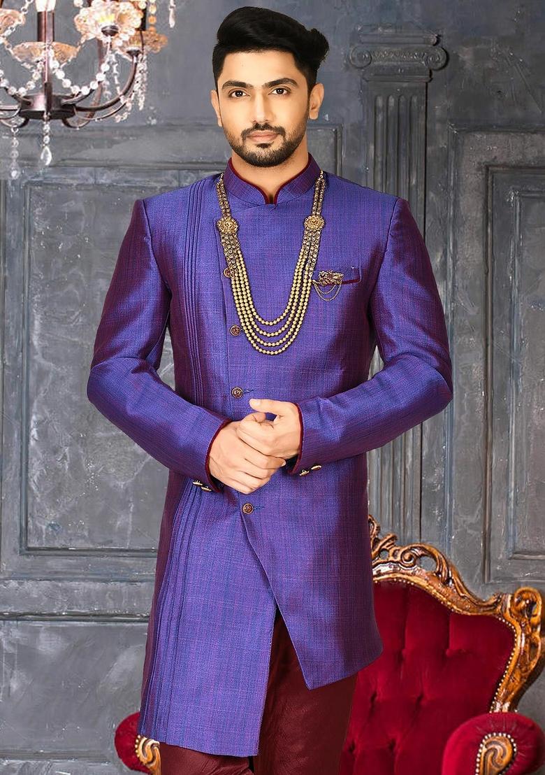 Royal Blue Embroidered Mulbury Indo Western Sherwani For Men