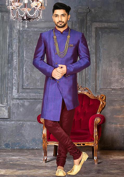 Royal Blue Embroidered Mulbury Indo Western Sherwani For Men — view on Indya