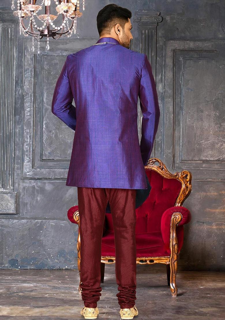 Royal Blue Embroidered Mulbury Indo Western Sherwani Set For Men