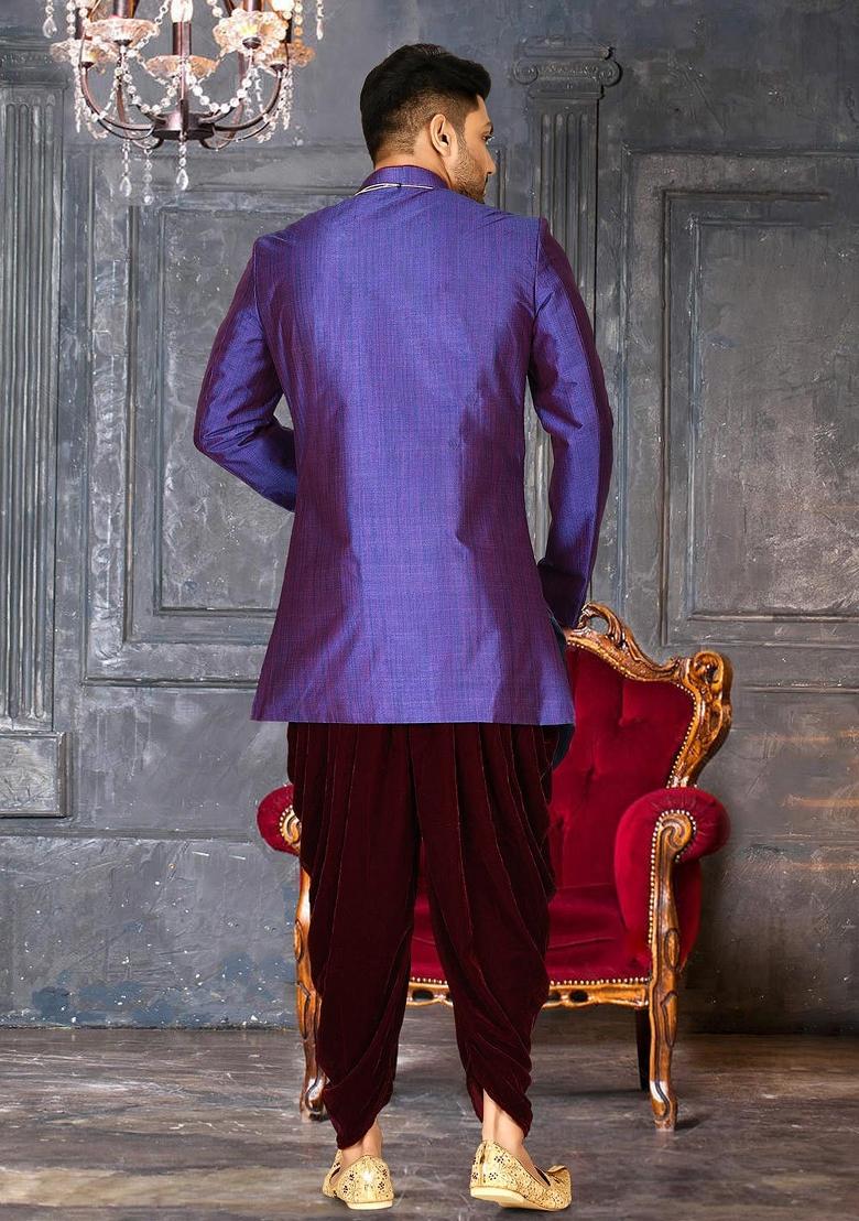 Royal Blue Embroidered Mulbury Indo Western Sherwani Set For Men
