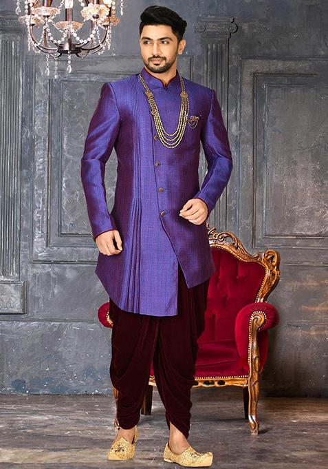 Royal Blue Embroidered Mulbury Indo Western Sherwani Set For Men — view on Indya