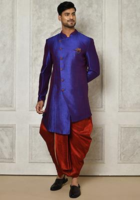 Royal Blue Embroidered Mulbury Indo Western Sherwani Set For Men