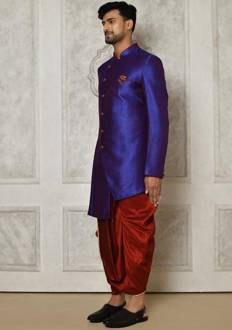 Royal Blue Embroidered Mulbury Indo Western Sherwani Set For Men