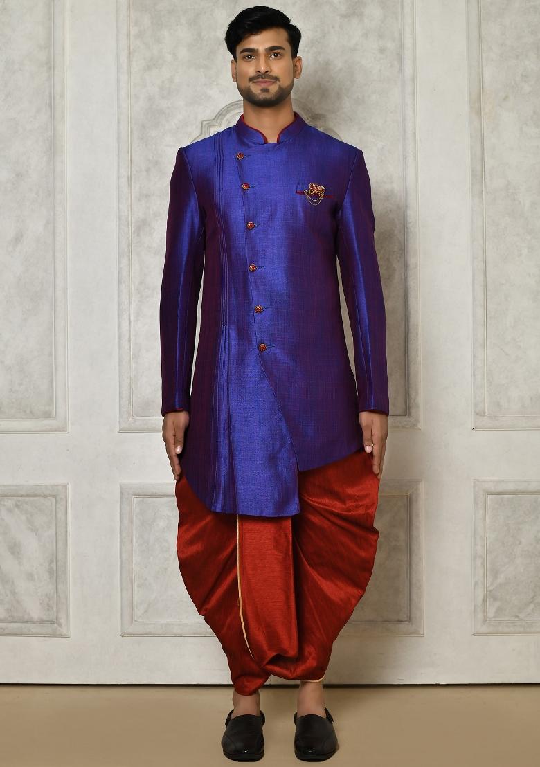Royal Blue Embroidered Mulbury Indo Western Sherwani Set For Men