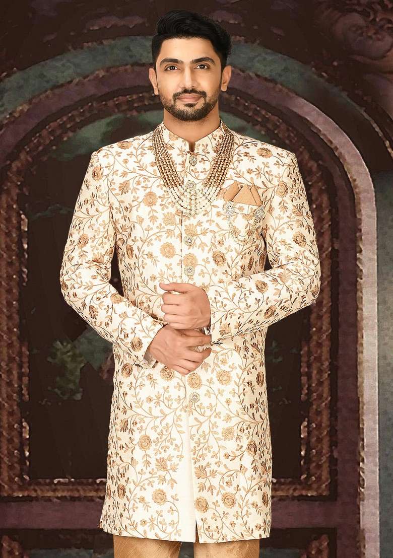 Cream Embroidered Dupion Indo Western Sherwani For Men - Indya