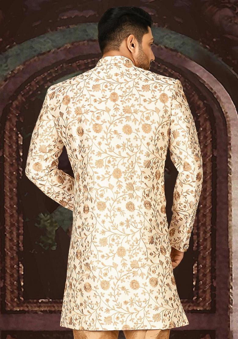 Cream Embroidered Dupion Indo Western Sherwani For Men