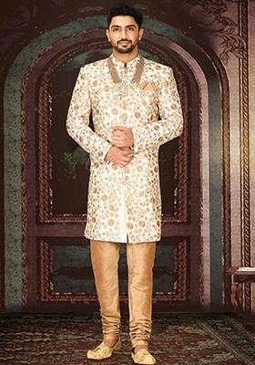 Cream Embroidered Dupion Indo Western Sherwani Set For Men