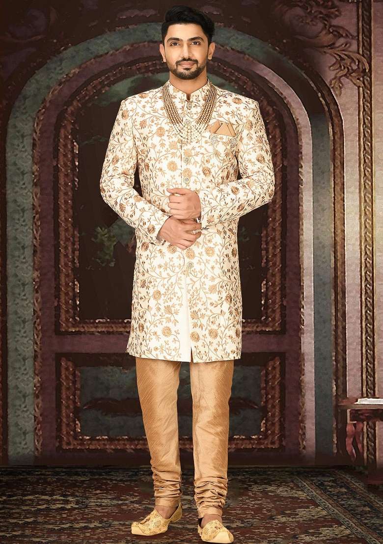 Cream Embroidered Dupion Indo Western Sherwani Set For Men - Indya