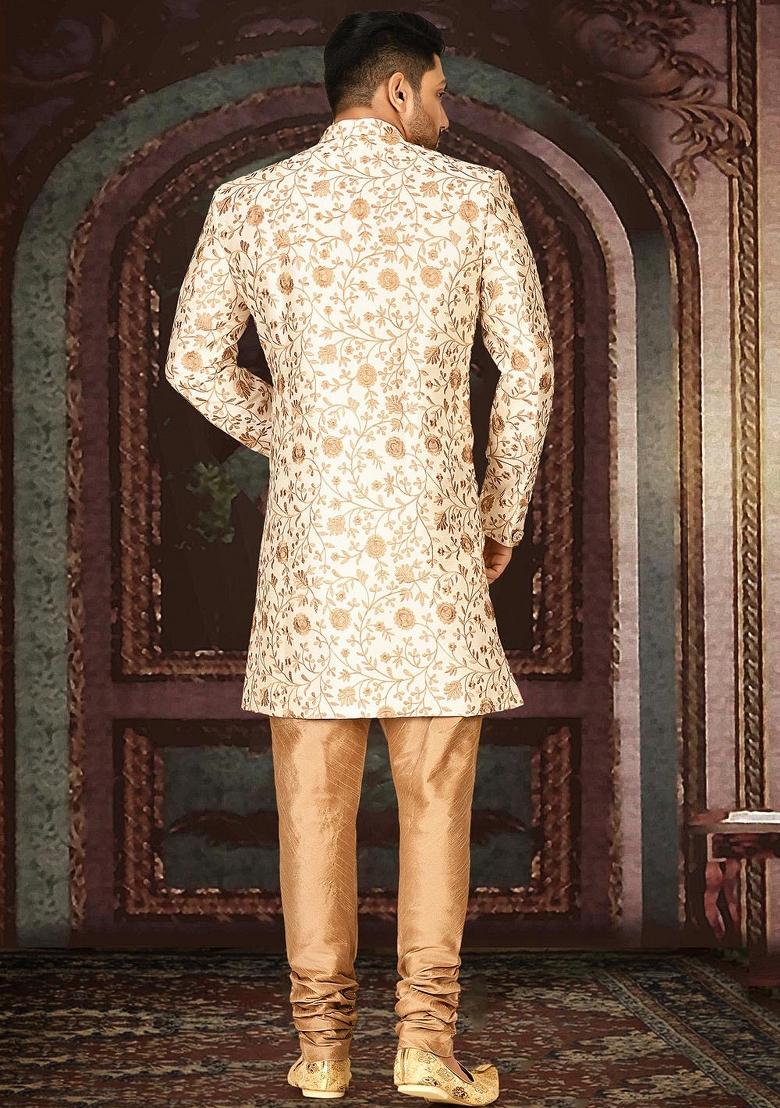 Cream Embroidered Dupion Indo Western Sherwani Set For Men