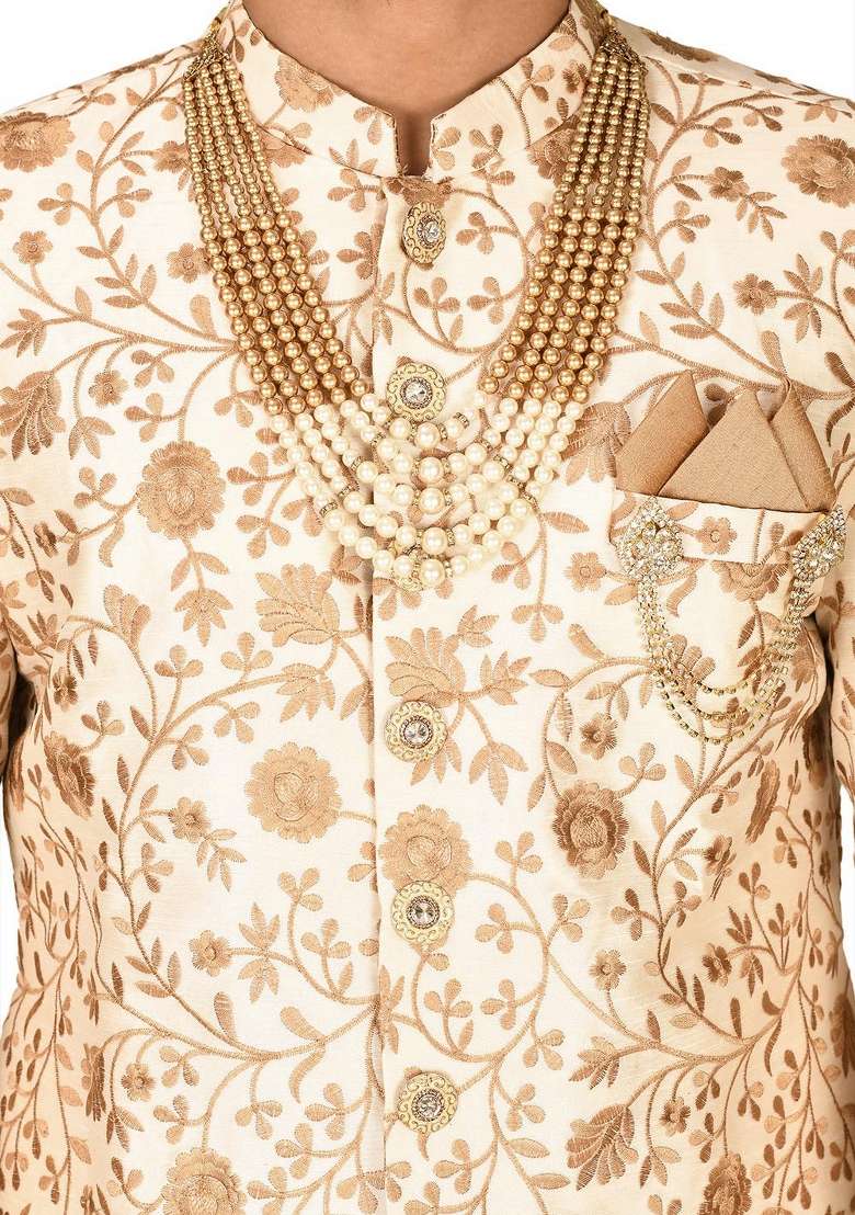 Cream Embroidered Dupion Indo Western Sherwani Set For Men - Indya
