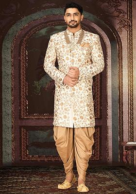 Cream Embroidered Dupion Indo Western Sherwani Set For Men