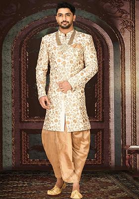 Cream Embroidered Dupion Indo Western Sherwani Set For Men