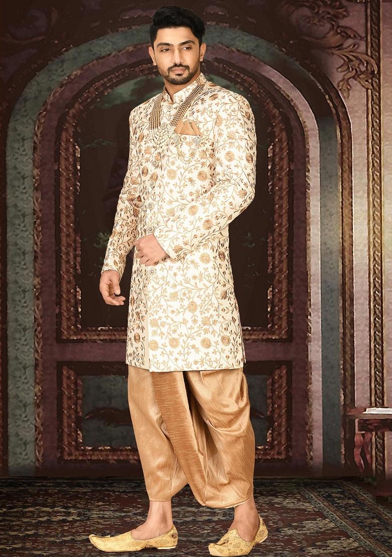 Cream Embroidered Dupion Indo Western Sherwani Set For Men