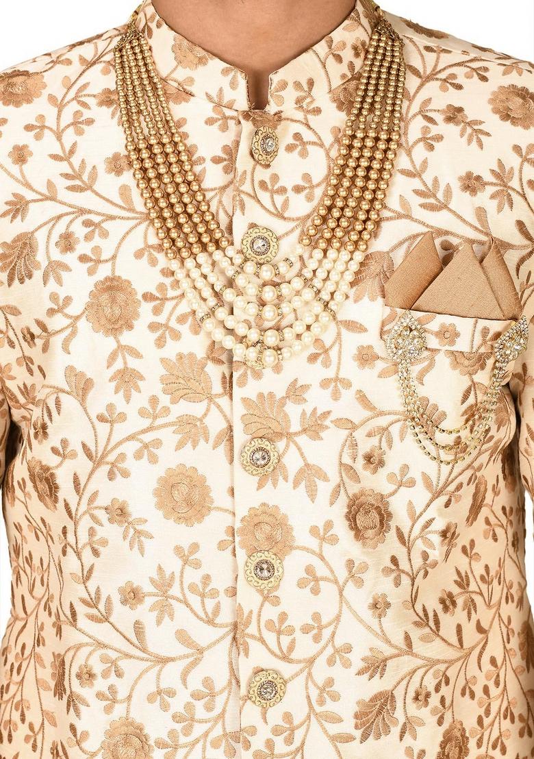 Cream Embroidered Dupion Indo Western Sherwani Set For Men