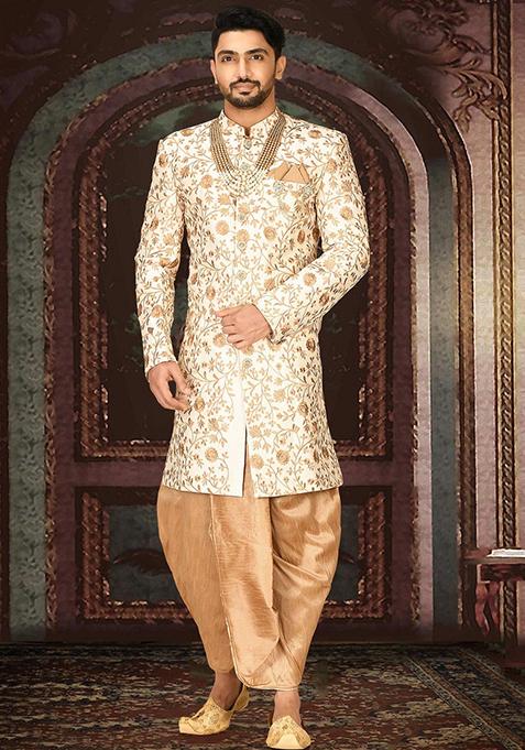 Cream Embroidered Dupion Indo Western Sherwani Set For Men