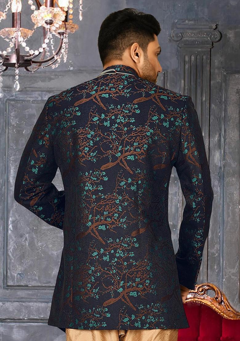 Green Embroidered Jacquard Indo Western Sherwani For Men