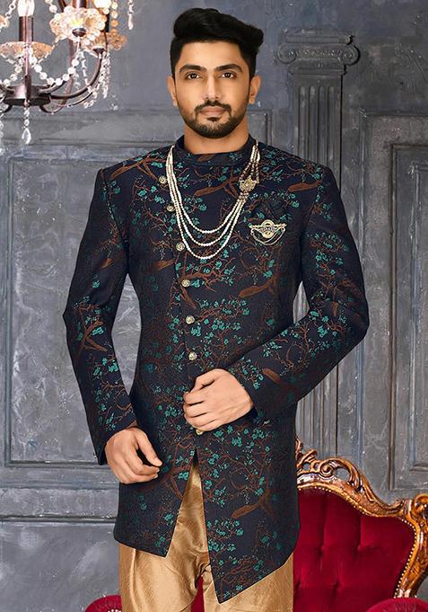 Green Embroidered Jacquard Indo Western Sherwani For Men