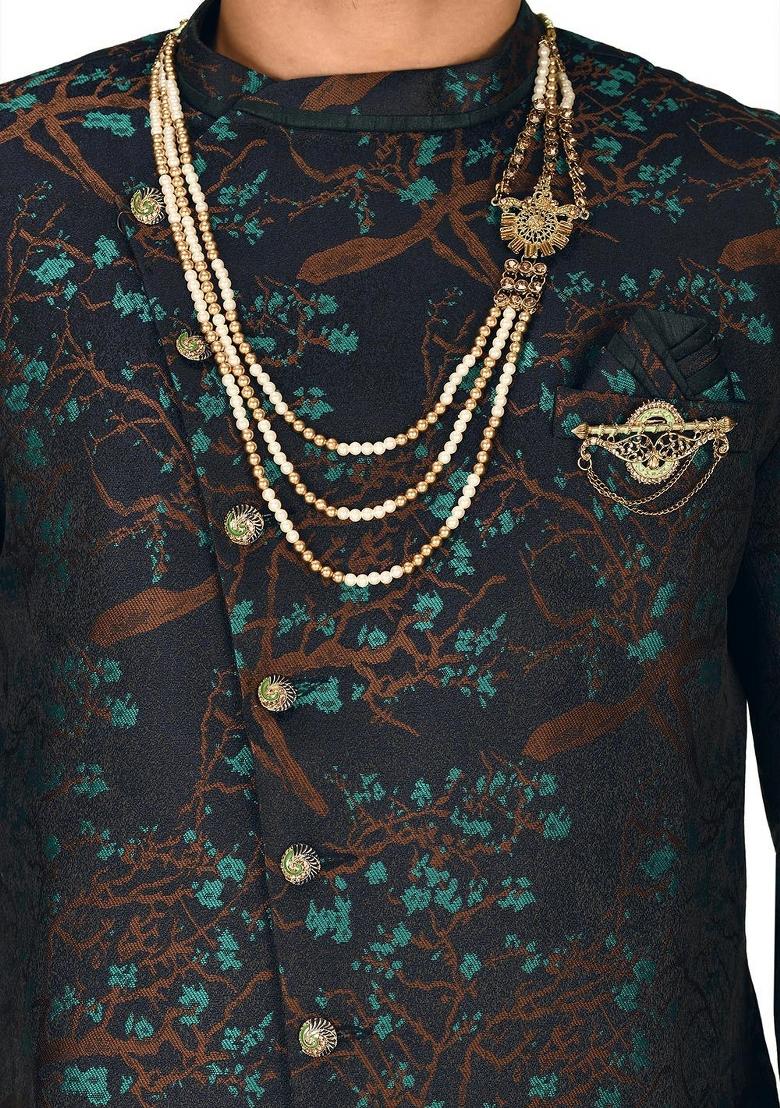 Green Embroidered Jacquard Indo Western Sherwani Set For Men
