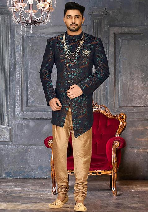 Green Embroidered Jacquard Indo Western Sherwani Set For Men