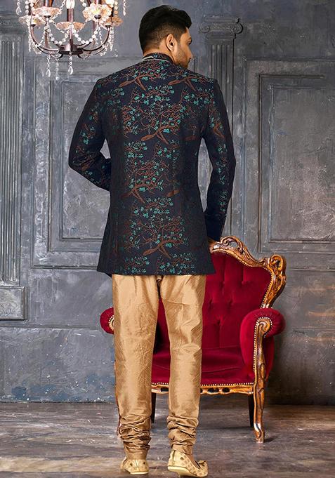 Green Embroidered Jacquard Indo Western Sherwani Set For Men
