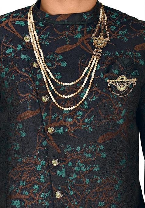 Green Embroidered Jacquard Indo Western Sherwani Set For Men