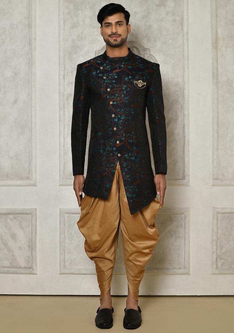 Green Embroidered Jacquard Indo Western Sherwani Set For Men