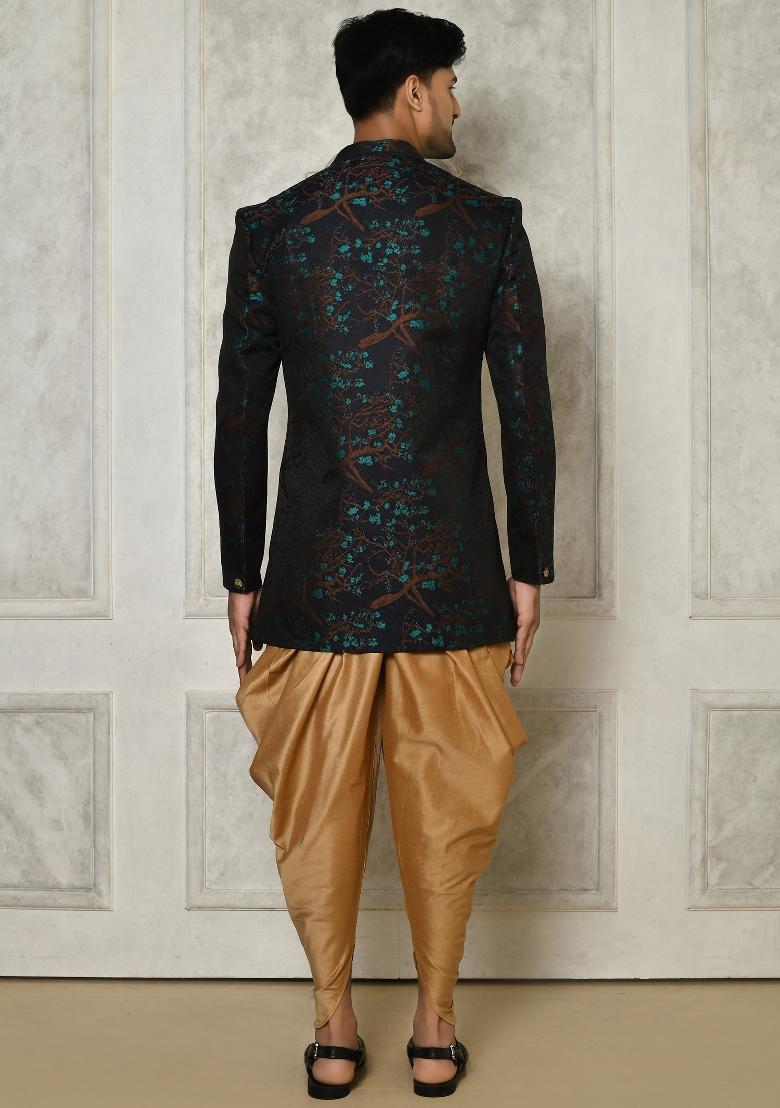 Green Embroidered Jacquard Indo Western Sherwani Set For Men