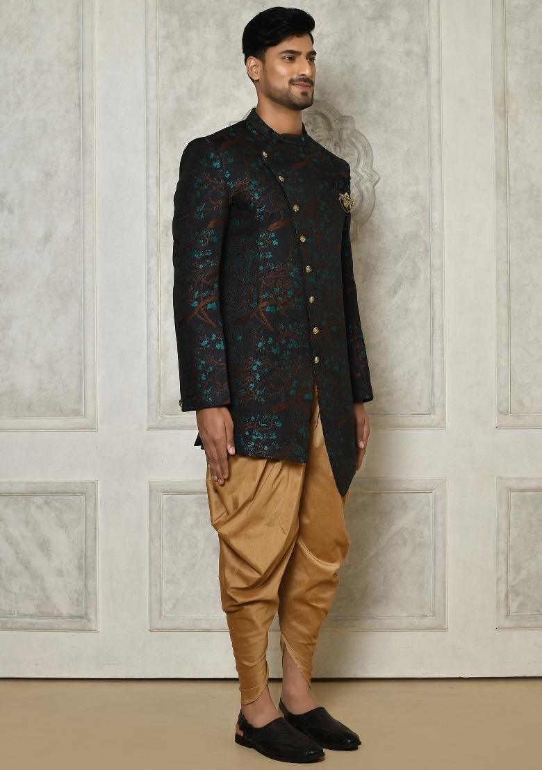 Green Embroidered Jacquard Indo Western Sherwani Set For Men