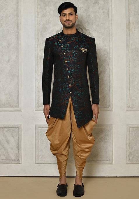 Green Embroidered Jacquard Indo Western Sherwani Set For Men