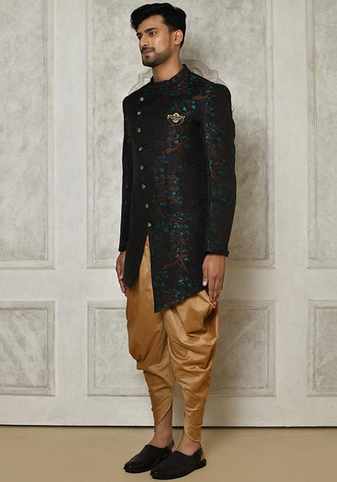 Green Embroidered Jacquard Indo Western Sherwani Set For Men