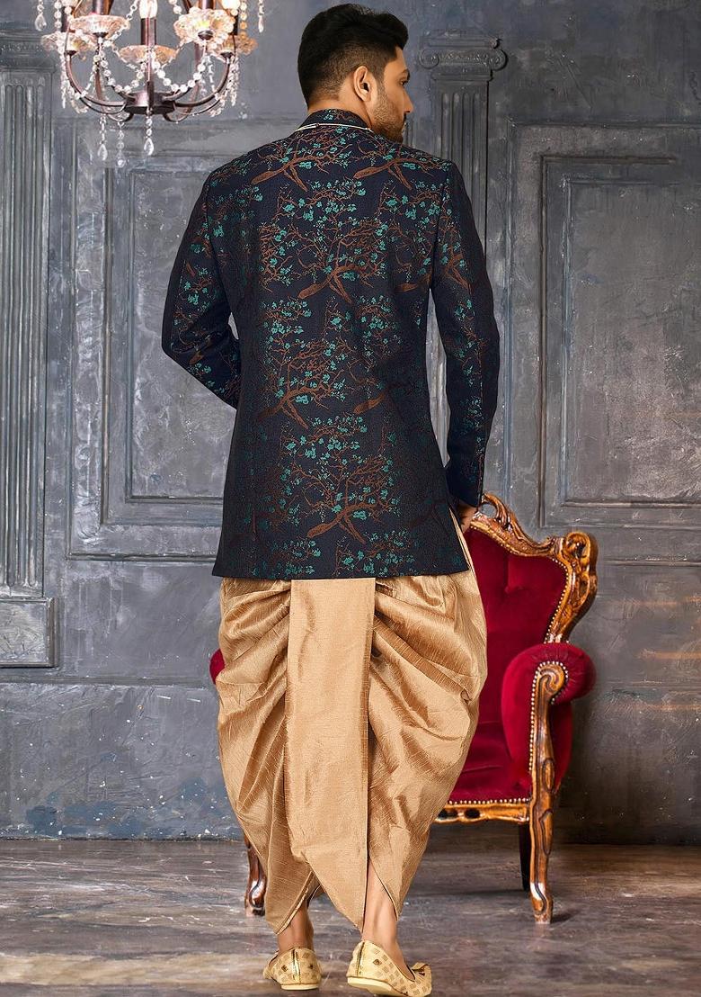 Green Embroidered Jacquard Indo Western Sherwani Set For Men