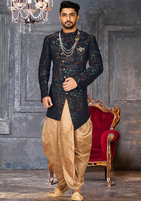 Green Embroidered Jacquard Indo Western Sherwani Set For Men