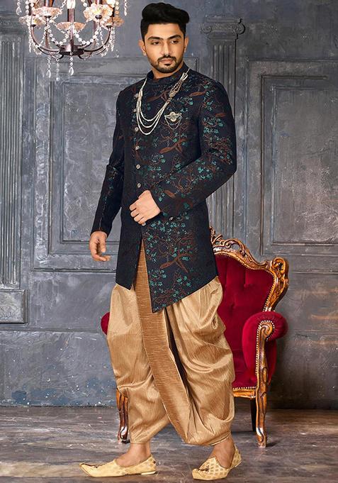 Green Embroidered Jacquard Indo Western Sherwani Set For Men