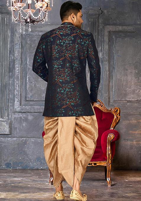 Green Embroidered Jacquard Indo Western Sherwani Set For Men