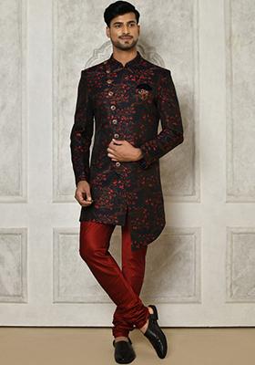 Red Embroidered Jacquard Indo Western Sherwani For Men