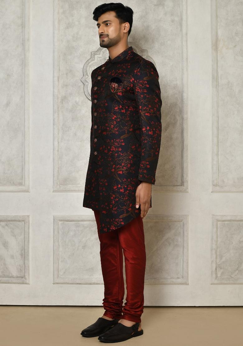 Red Embroidered Jacquard Indo Western Sherwani For Men