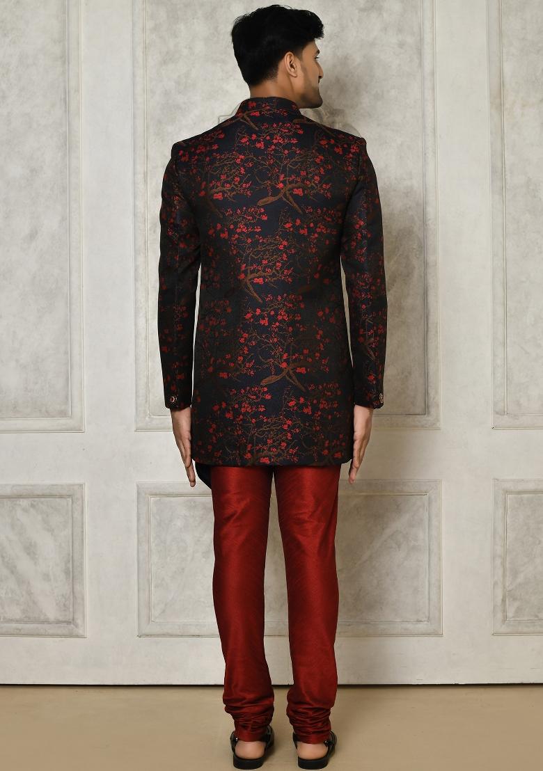 Red Embroidered Jacquard Indo Western Sherwani For Men