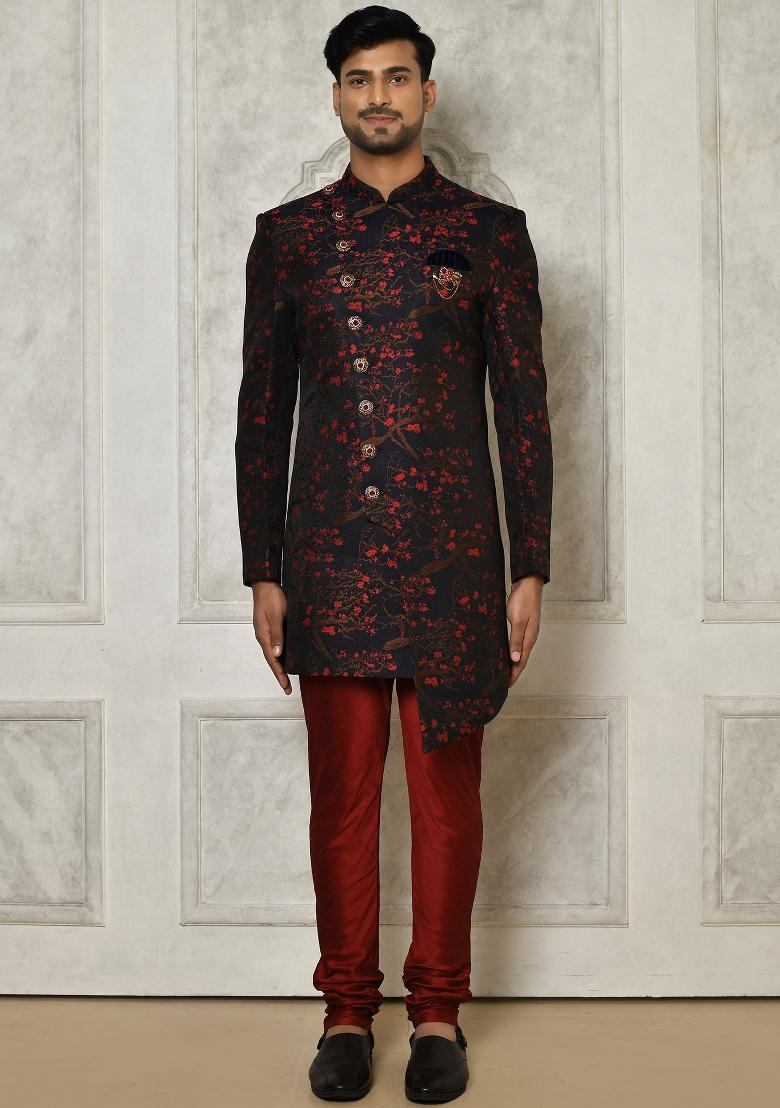 Red Embroidered Jacquard Indo Western Sherwani For Men