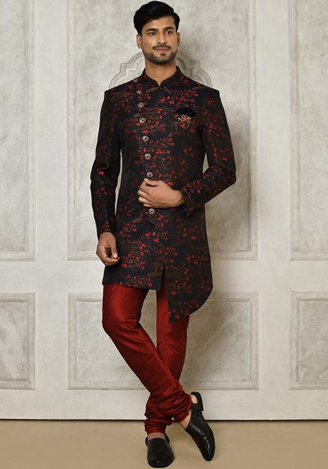 Red Embroidered Jacquard Indo Western Sherwani For Men