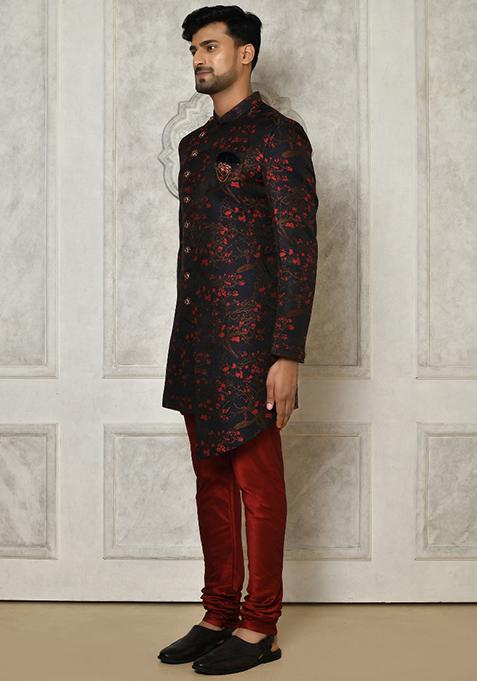 Red Embroidered Jacquard Indo Western Sherwani For Men