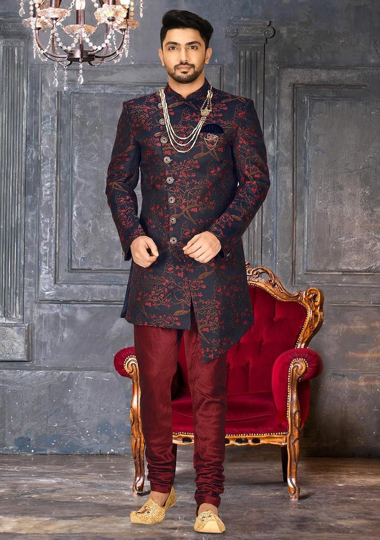 Red Embroidered Jacquard Indo Western Sherwani Set For Men