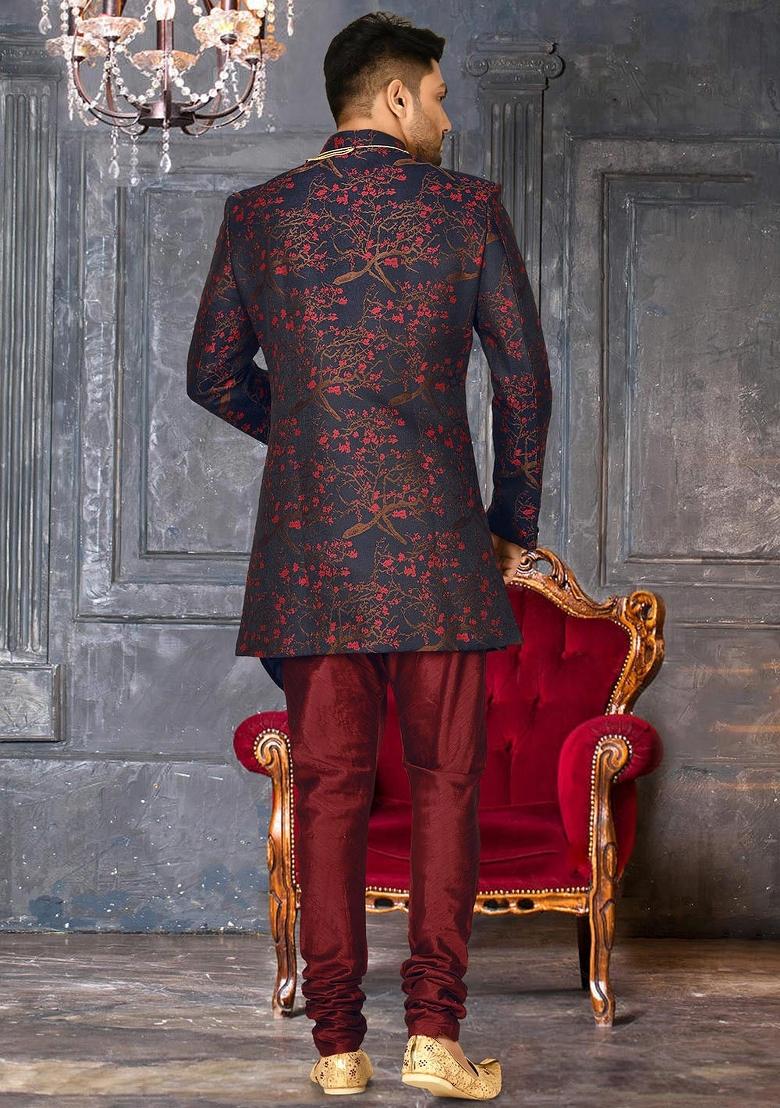 Red Embroidered Jacquard Indo Western Sherwani Set For Men