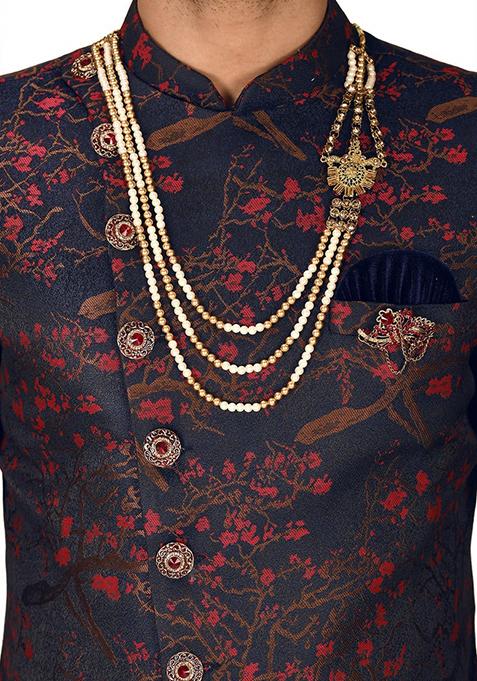 Red Embroidered Jacquard Indo Western Sherwani Set For Men